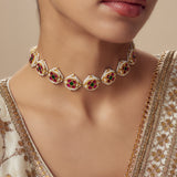 Saadgi Gold Plated Red & White Womens Kundan Polki Choker Necklace Set with 2 Pair of Earrings