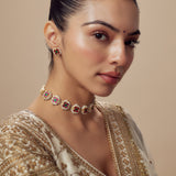 Saadgi Gold Plated Red & White Womens Kundan Polki Choker Necklace Set with 2 Pair of Earrings