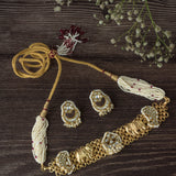 Gold Plated White Womens Kundan Choker Necklace Set with Pair of Earrings