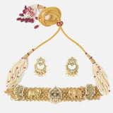 Gold Plated White Womens Kundan Choker Necklace Set with Pair of Earrings