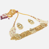 Gold Plated White Womens Kundan Choker Necklace Set with Pair of Earrings