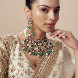 Florence Gold Plated Green Womens Kundan Polki Short Necklace Set with Pair of Earrings