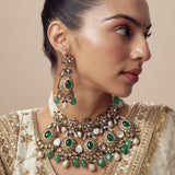 Florence Gold Plated Green Womens Kundan Polki Short Necklace Set with Pair of Earrings