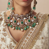 Florence Gold Plated Green Womens Kundan Polki Short Necklace Set with Pair of Earrings