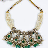 Florence Gold Plated Green Womens Kundan Polki Short Necklace Set with Pair of Earrings