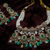 Florence Gold Plated Green Womens Kundan Polki Short Necklace Set with Pair of Earrings