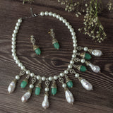 Silver Plated Gree & White Womens Pearl Short Necklace Set with Pair of Earrings