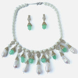 Silver Plated Gree & White Womens Pearl Short Necklace Set with Pair of Earrings