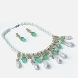 Silver Plated Gree & White Womens Pearl Short Necklace Set with Pair of Earrings