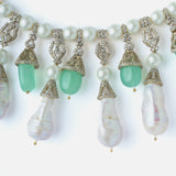 Silver Plated Gree & White Womens Pearl Short Necklace Set with Pair of Earrings