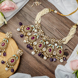 Florence Gold Plated Purple Womens Kundan Polki Short Necklace Set with Pair of Earrings