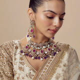Florence Gold Plated Purple Womens Kundan Polki Short Necklace Set with Pair of Earrings
