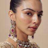 Florence Gold Plated Purple Womens Kundan Polki Short Necklace Set with Pair of Earrings