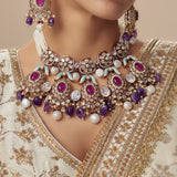 Florence Gold Plated Purple Womens Kundan Polki Short Necklace Set with Pair of Earrings