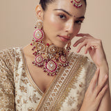 Florence Gold Plated Womens Kundan Polki Choker Necklace Set with Pair of Earrings & Maangtikka