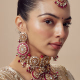 Florence Gold Plated Womens Kundan Polki Choker Necklace Set with Pair of Earrings & Maangtikka