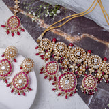 Florence Gold Plated Womens Kundan Polki Choker Necklace Set with Pair of Earrings & Maangtikka