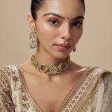Morpankh Gold Plated Multicolored Womens Kundan Polki Choker Necklace Set with Pair of Earrings