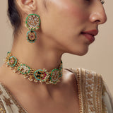 Morpankh Gold Plated Multicolored Womens Kundan Polki Choker Necklace Set with Pair of Earrings