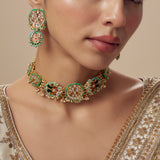 Morpankh Gold Plated Multicolored Womens Kundan Polki Choker Necklace Set with Pair of Earrings