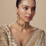 Morpankh Gold Plated Multicolored Womens Kundan Polki Choker Necklace Set with Pair of Earrings