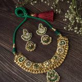 Gold Plated Green Womens Synthetic Stone Short Necklace Set with Pair of Earrings