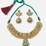 Gold Plated Green Womens Synthetic Stone Short Necklace Set with Pair of Earrings