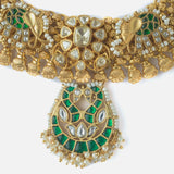 Gold Plated Green Womens Synthetic Stone Short Necklace Set with Pair of Earrings