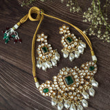 Gold Plated Green Womens Kundan Choker Necklace Set with Pair of Earrings