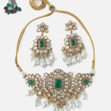 Gold Plated Green Womens Kundan Choker Necklace Set with Pair of Earrings