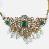 Gold Plated Green Womens Kundan Choker Necklace Set with Pair of Earrings