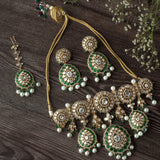 Gold Plated Green Womens Kundan Choker Necklace Set with Pair of Earrings & Maangtikka