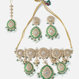 Gold Plated Green Womens Kundan Choker Necklace Set with Pair of Earrings & Maangtikka