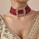 Antara Gold Plated Red Womens Beaded Choker Necklace Set