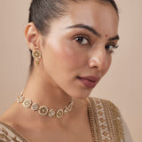 Saadgi Gold Plated White Womens Kundan Polki Short Necklace Set with Pair of Earrings