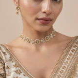 Saadgi Gold Plated White Womens Kundan Polki Short Necklace Set with Pair of Earrings