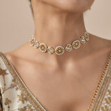 Saadgi Gold Plated White Womens Kundan Polki Short Necklace Set with Pair of Earrings