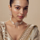 Saadgi Gold Plated White Womens Kundan Polki Choker Necklace Set with Pair of Earrings