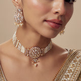 Saadgi Gold Plated White Womens Kundan Polki Choker Necklace Set with Pair of Earrings
