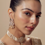 Saadgi Gold Plated White Womens Kundan Polki Choker Necklace Set with Pair of Earrings