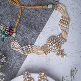 Saadgi Gold Plated White Womens Kundan Polki Choker Necklace Set with Pair of Earrings