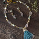 Gold Plated Pink & Blue Womens Beads Long Necklace Set with Pair of Earrings