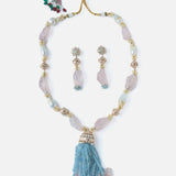 Gold Plated Pink & Blue Womens Beads Long Necklace Set with Pair of Earrings