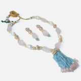 Gold Plated Pink & Blue Womens Beads Long Necklace Set with Pair of Earrings