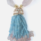 Gold Plated Pink & Blue Womens Beads Long Necklace Set with Pair of Earrings