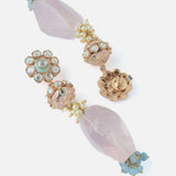 Gold Plated Pink & Blue Womens Beads Long Necklace Set with Pair of Earrings