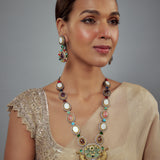 Florence Silver Plated Multicolored Kundan Polki Womens Long Necklace Set with Pair of Earrings