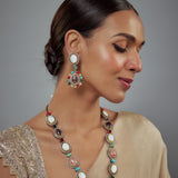 Florence Silver Plated Multicolored Kundan Polki Womens Long Necklace Set with Pair of Earrings