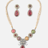 Florence Silver Plated Multicolored Zircon Womens Long Necklace Set with Pair of Earrings