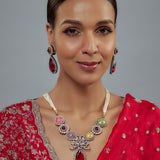 Florence Silver Plated Multicolored Zircon Womens Long Necklace Set with Pair of Earrings